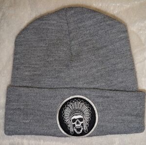 Gray Beanie with Skull Embroidery